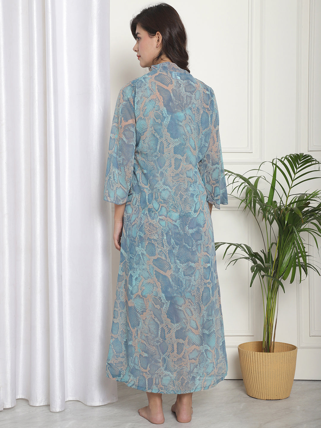 Blue color Abstract Printed Georgette Nightdress With Robe