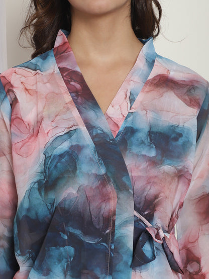 Multi color Abstract Printed Nightdress With Robe