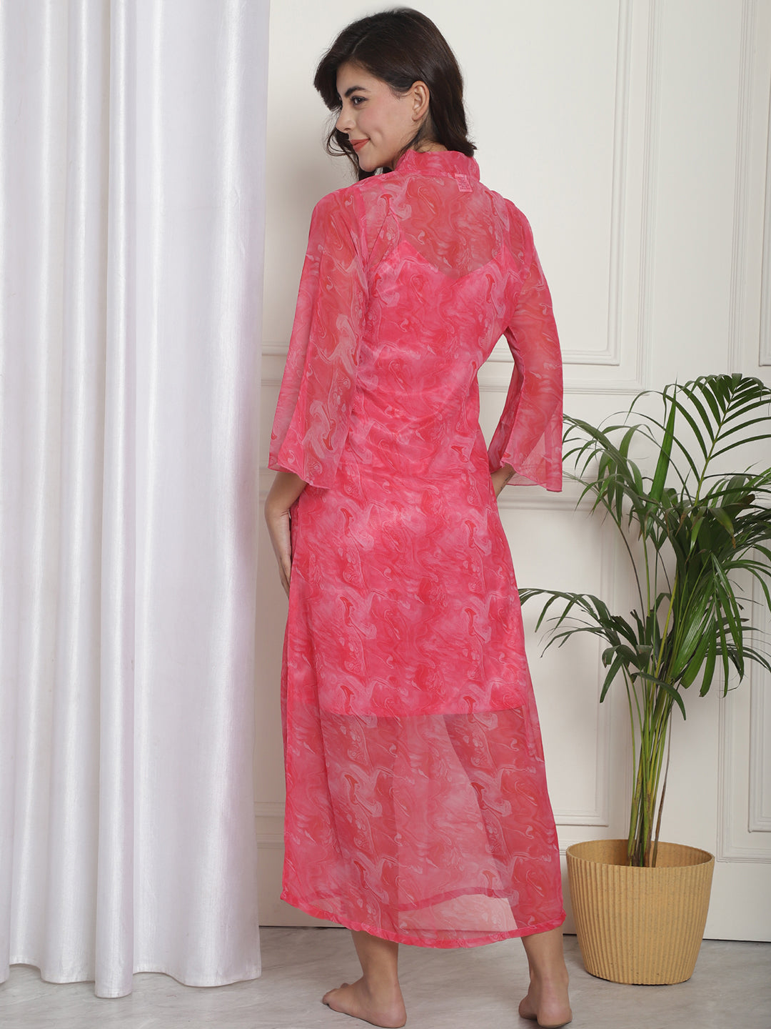Pink Abstract Printed Nightdress With Robe