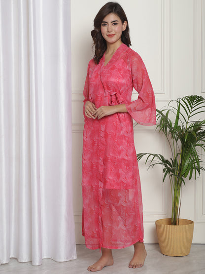 Pink Abstract Printed Nightdress With Robe