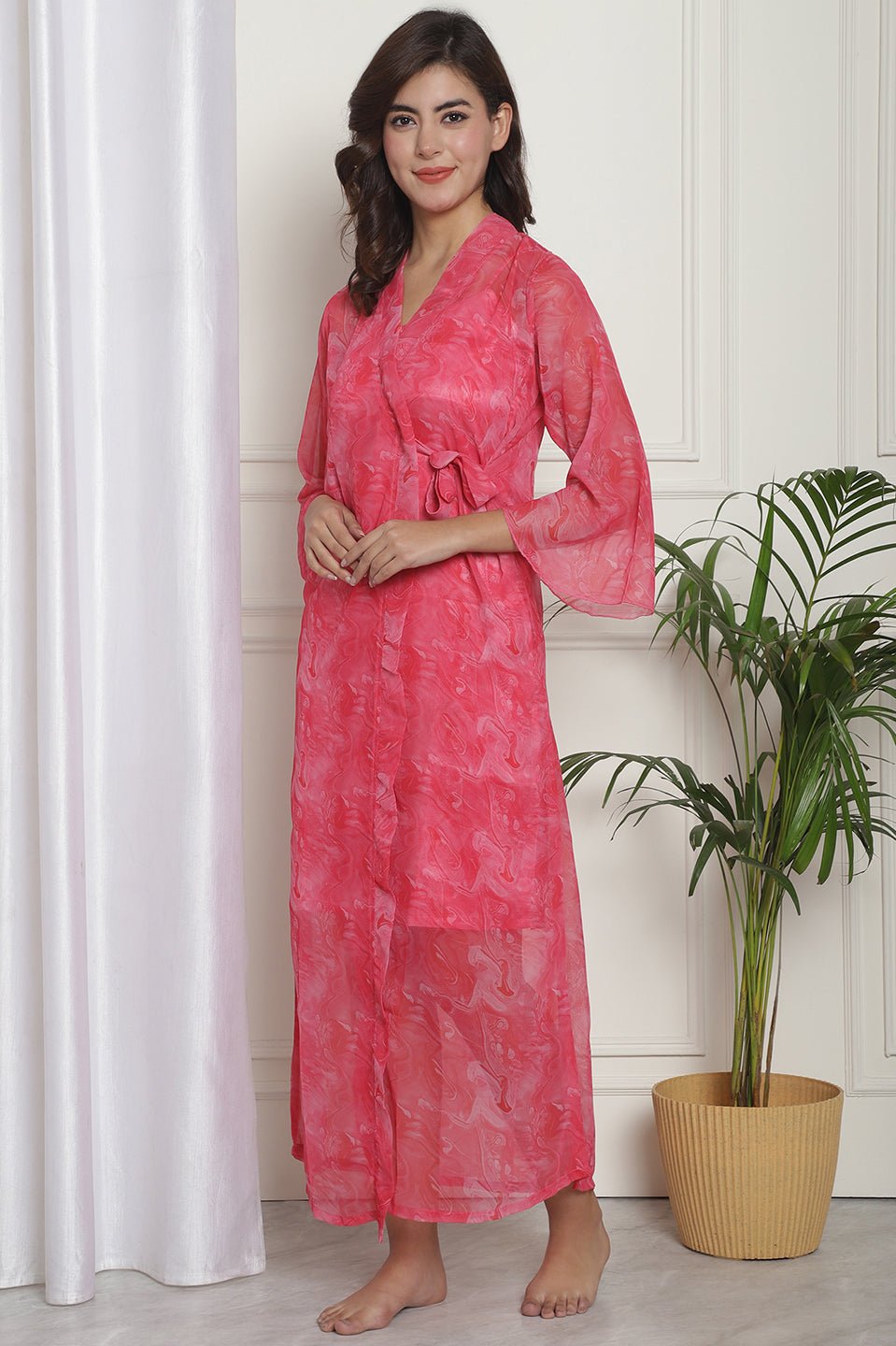 Pink Abstract Printed Nightdress With Robe