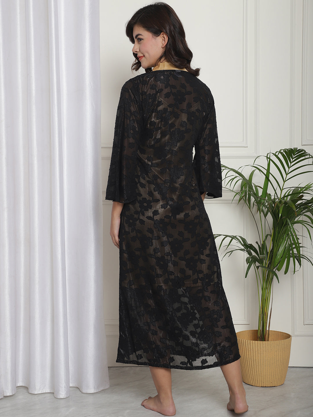 Black Color Solid Printed Nightdress With Robe