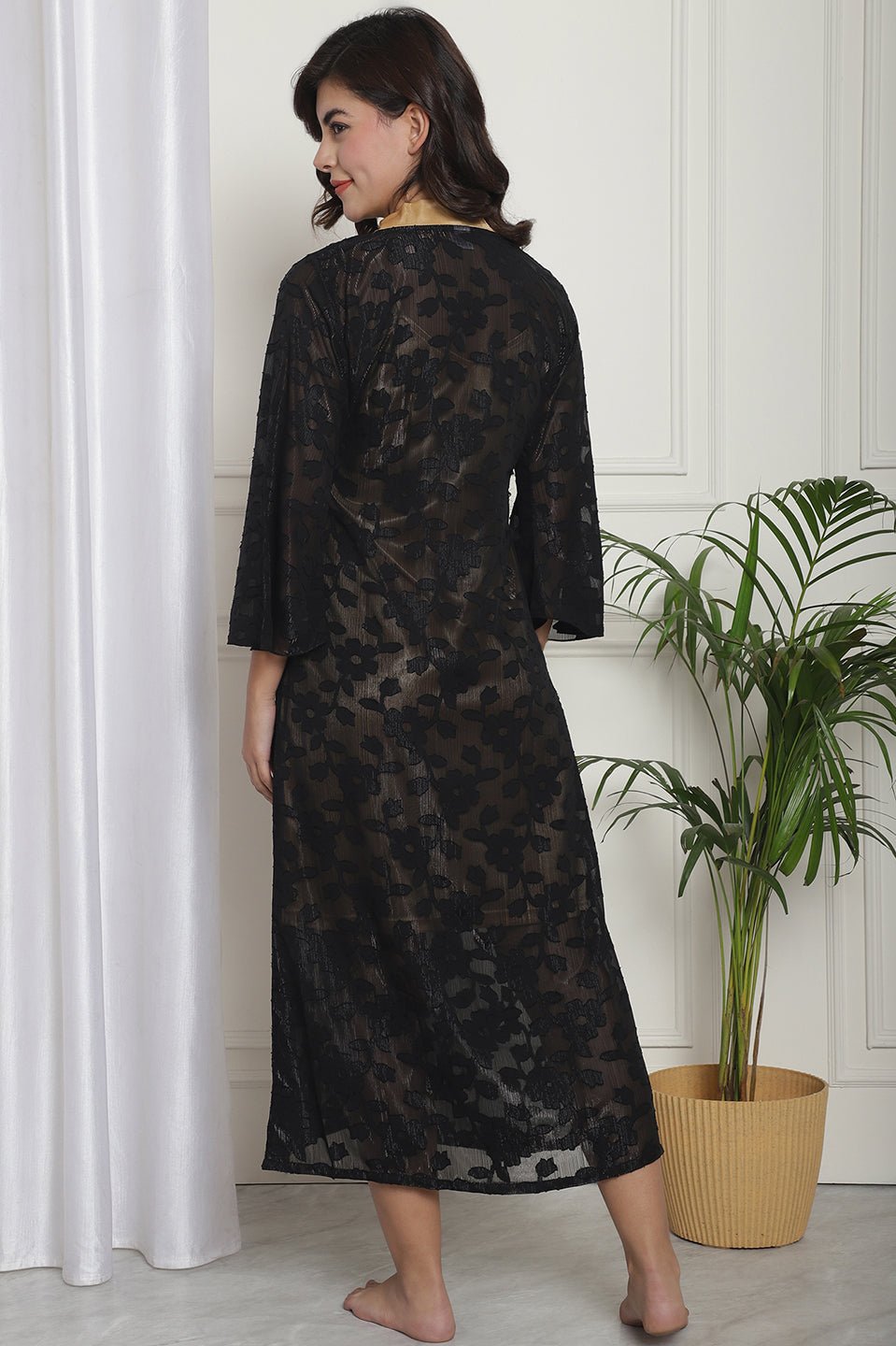 Black Color Solid Printed Nightdress With Robe