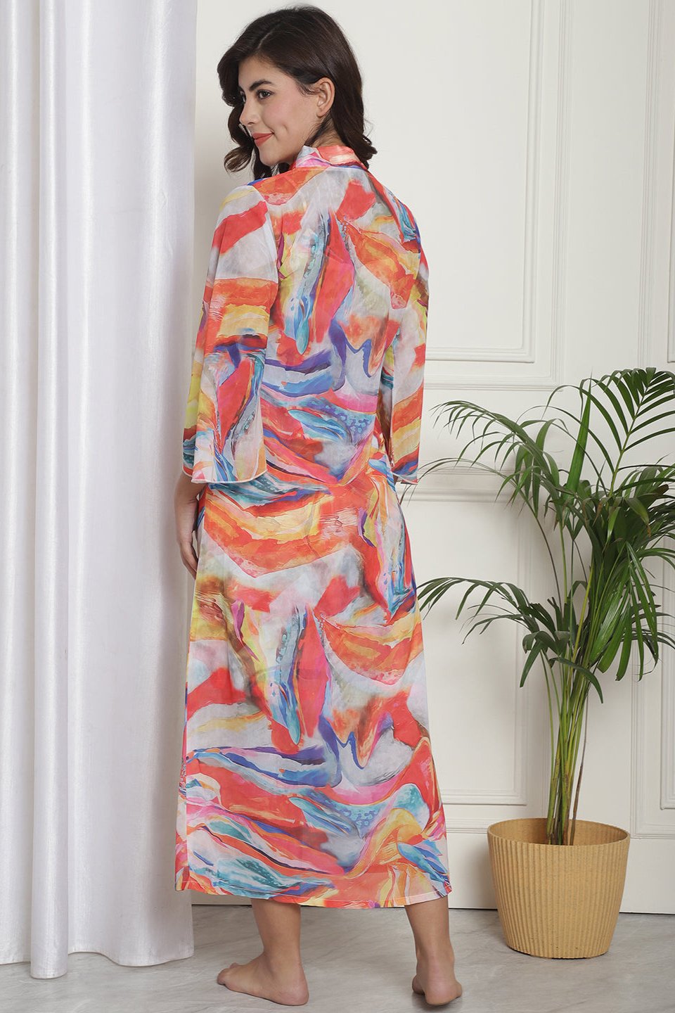 Multi Abstarct Printed  Nightdress With Robe