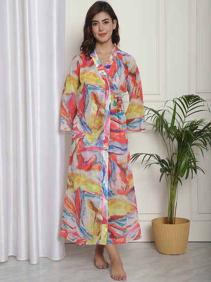 Multi Abstarct Printed  Nightdress With Robe