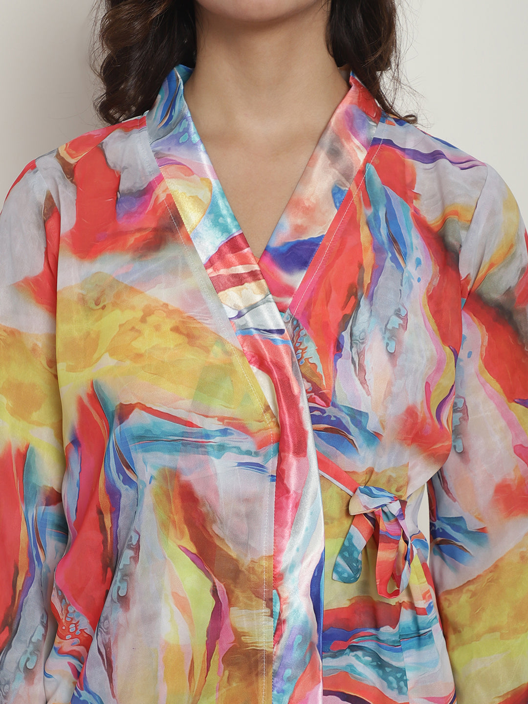 Multi Abstarct Printed  Nightdress With Robe