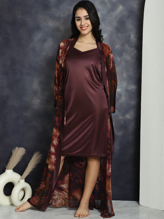 Brown Colour Solid Printed Silk Satin Nightdress With Robe