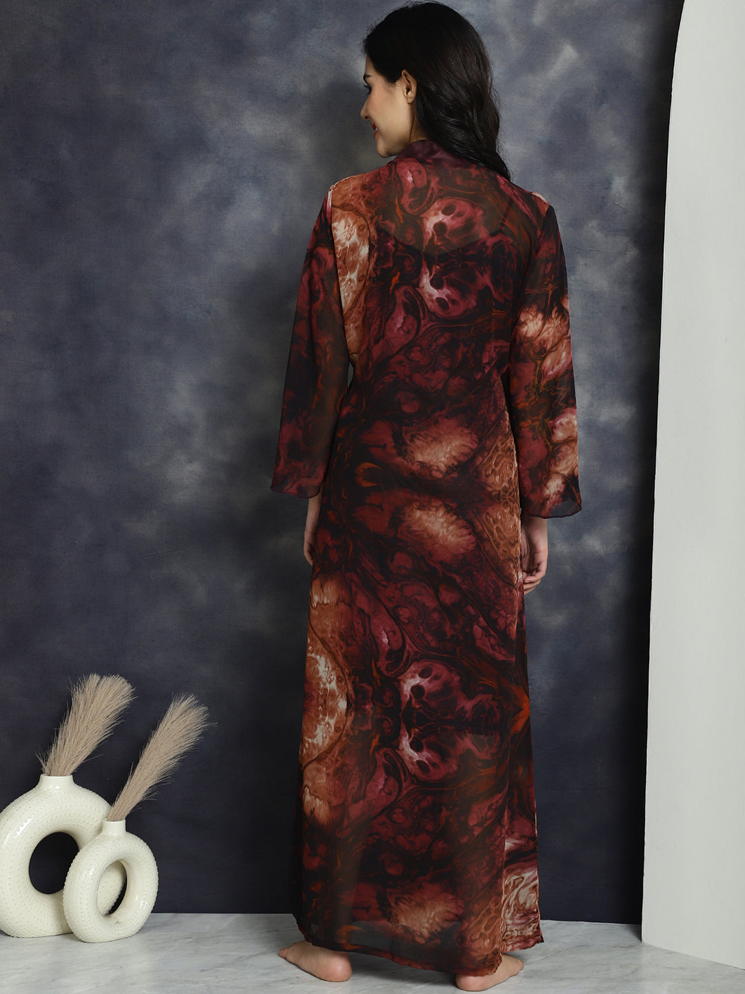 Brown Colour Solid Printed Silk Satin Nightdress With Robe
