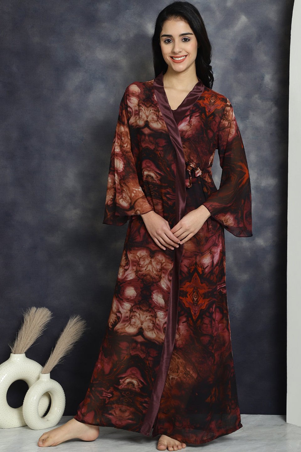 Brown Colour Solid Printed Silk Satin Nightdress With Robe