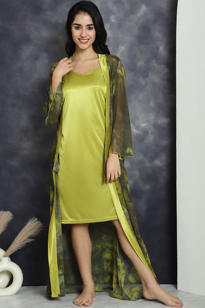 Green Colour Soild Printed Georgette Nightdress With Robe