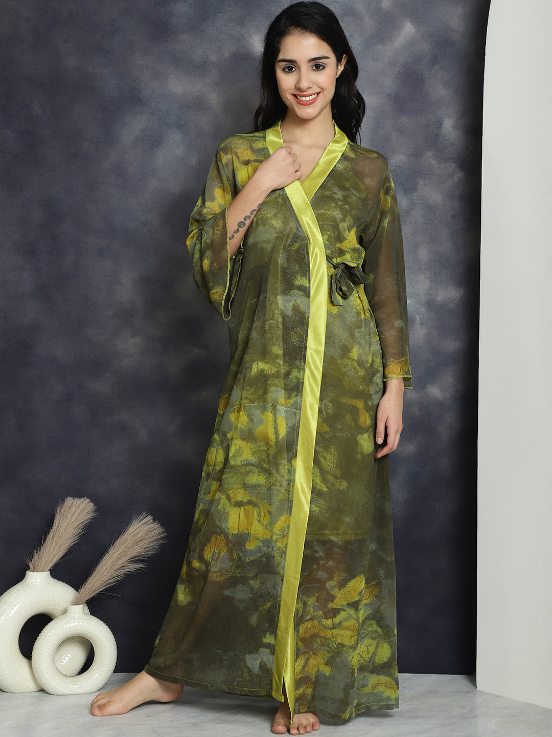 Green Colour Soild Printed Georgette Nightdress With Robe