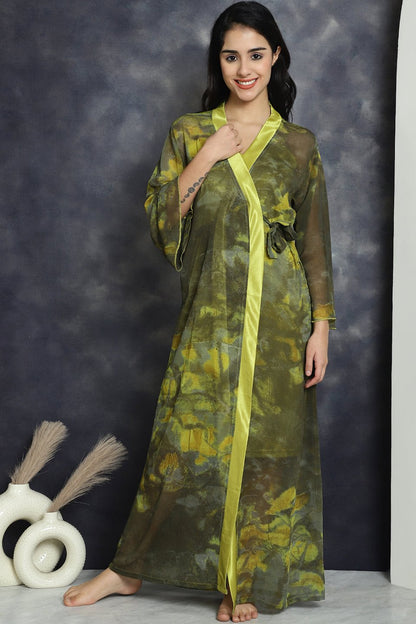 Green Colour Soild Printed Georgette Nightdress With Robe