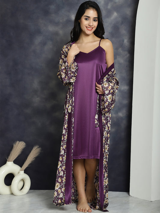 Purple color Abstract Printed Nightdress With Robe