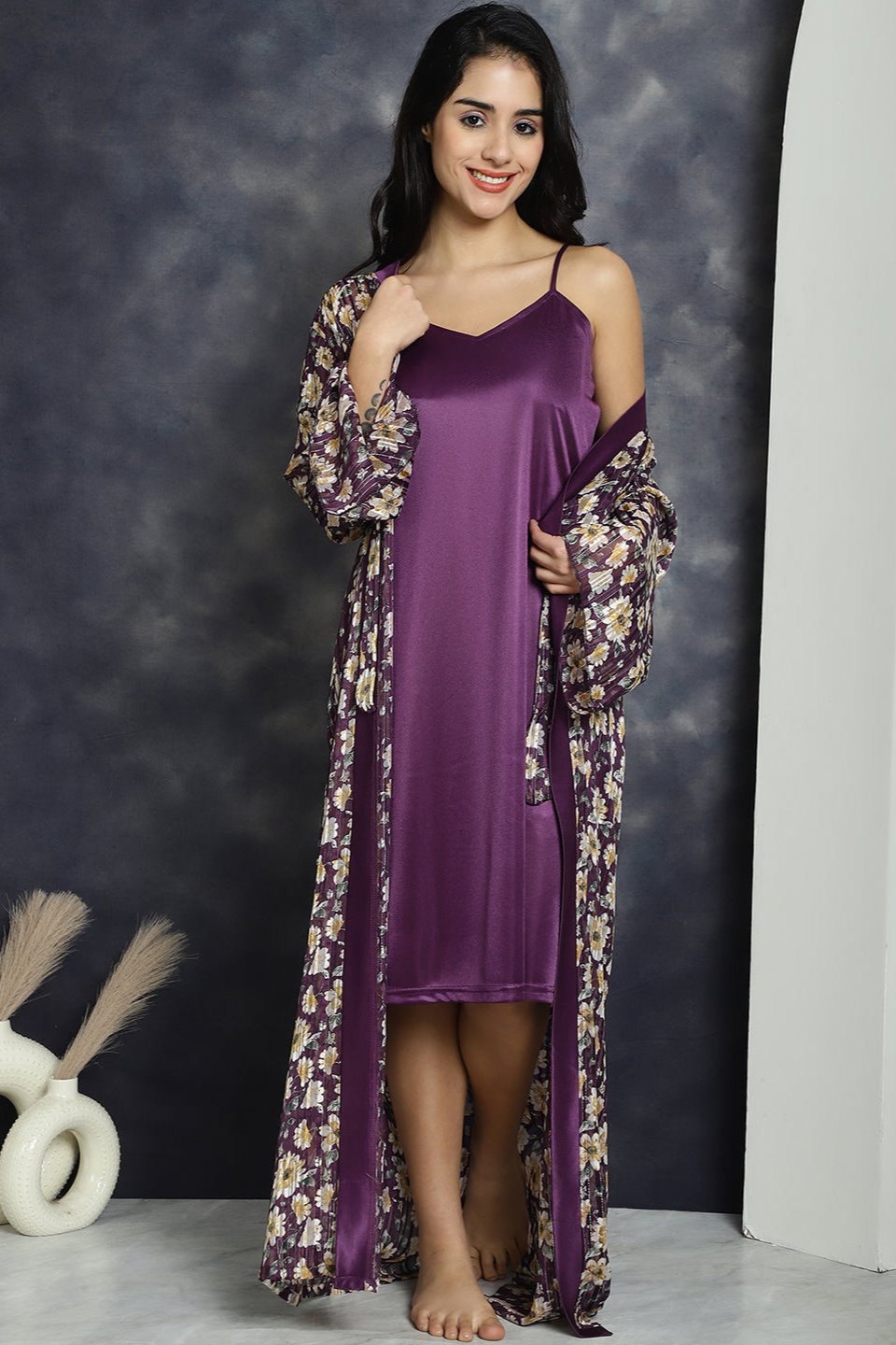 Purple color Abstract Printed Nightdress With Robe