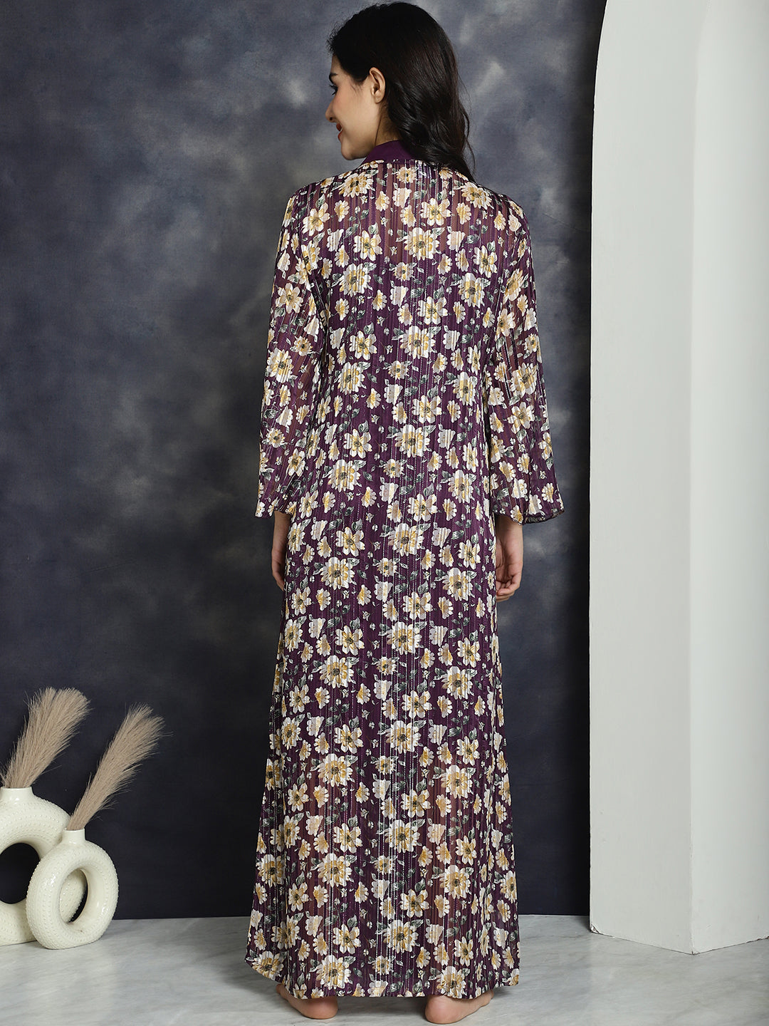 Purple color Abstract Printed Nightdress With Robe