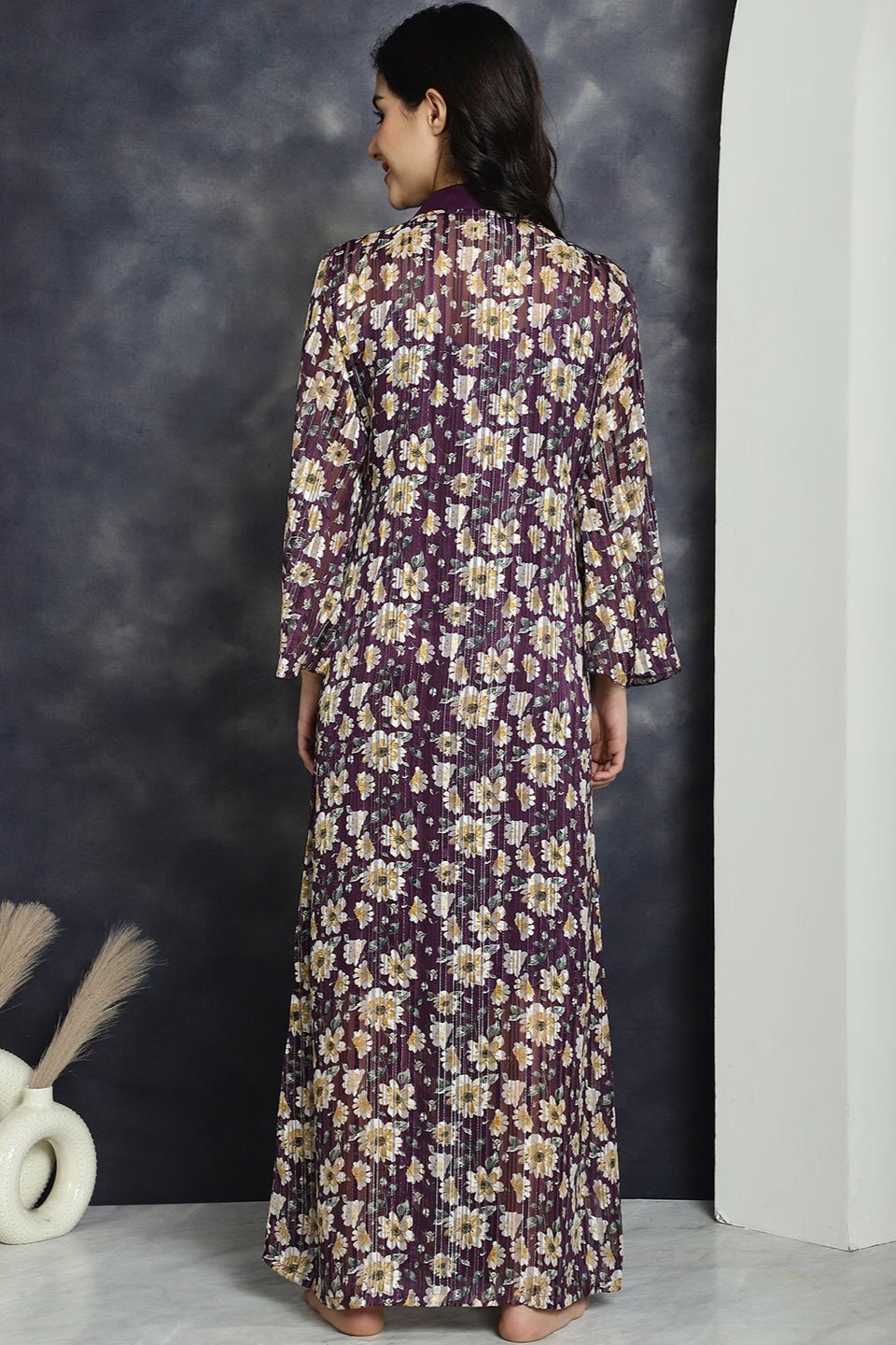 Purple color Abstract Printed Nightdress With Robe