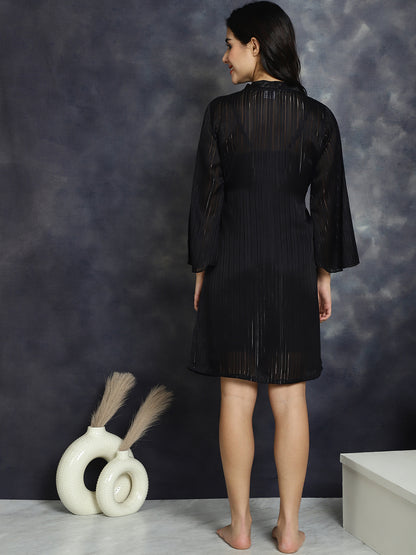 Black Solid Printed Georgette Nightdress  Robe