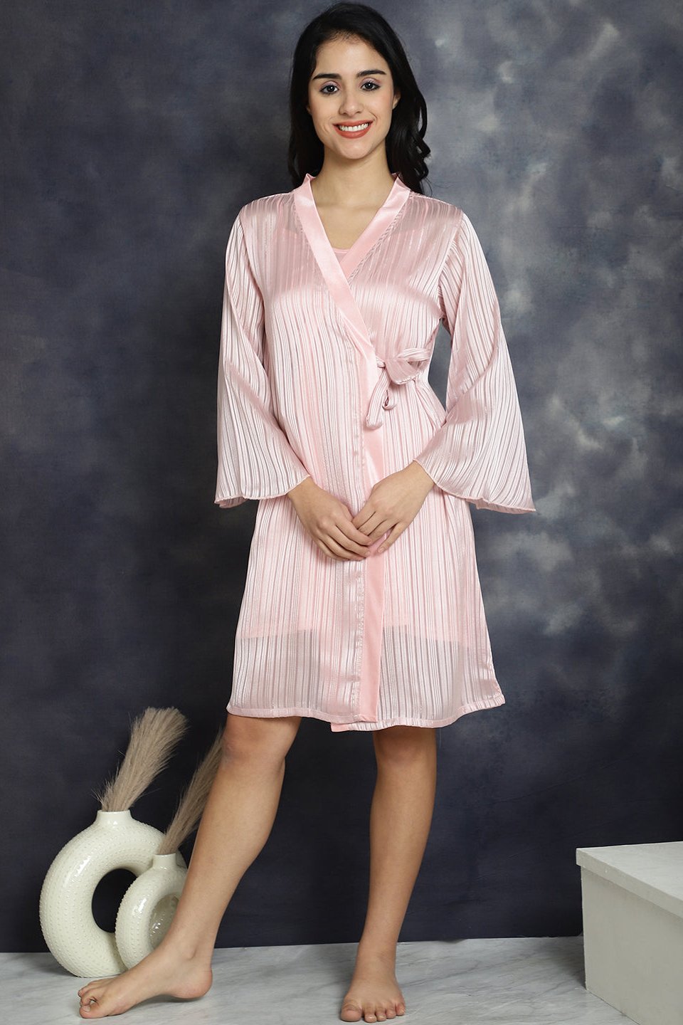 Pink color Striped Printed Polyester Nightdress With Robe