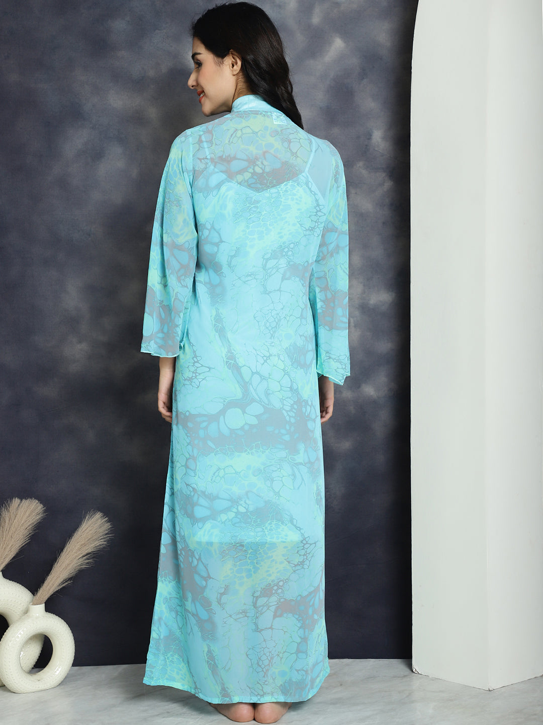 Blue color Abstract Printed Nightdress With Robe