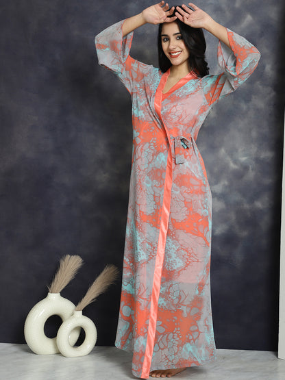 Peach color Abstract Printed Polyester Nightdress With Robe