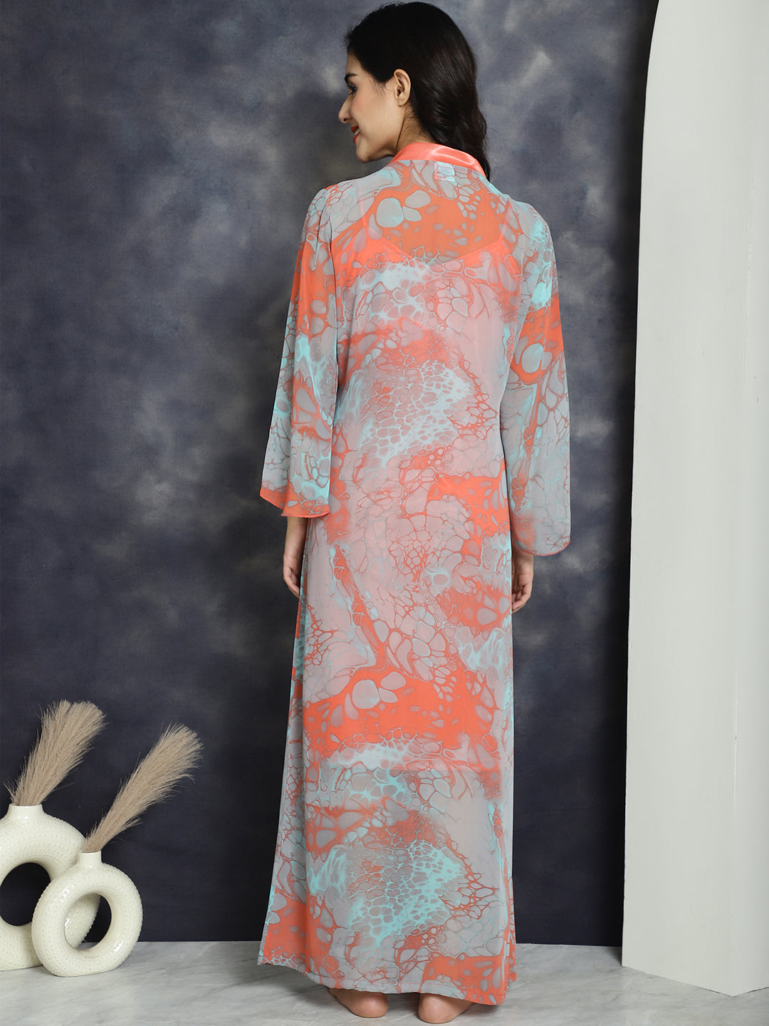Peach color Abstract Printed Polyester Nightdress With Robe