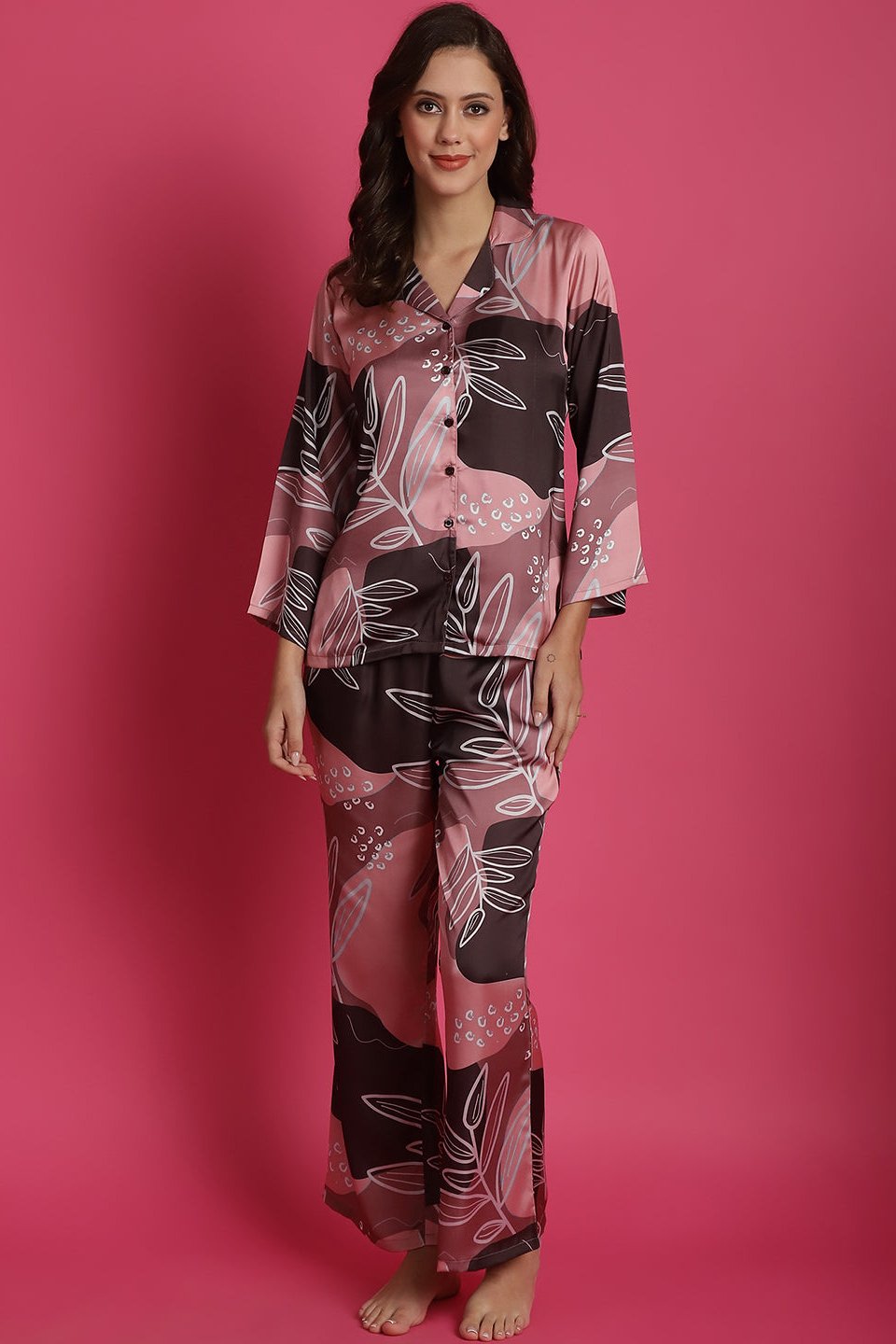 Pink Colour Floral Printed Satin Night Suit