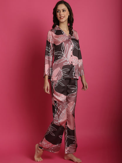 Pink Colour Floral Printed Satin Night Suit