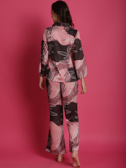 Pink Colour Floral Printed Satin Night Suit