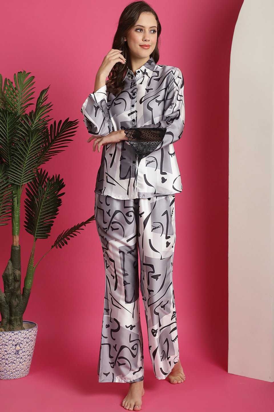 Black & White Abstract Printed Satin Night Suit