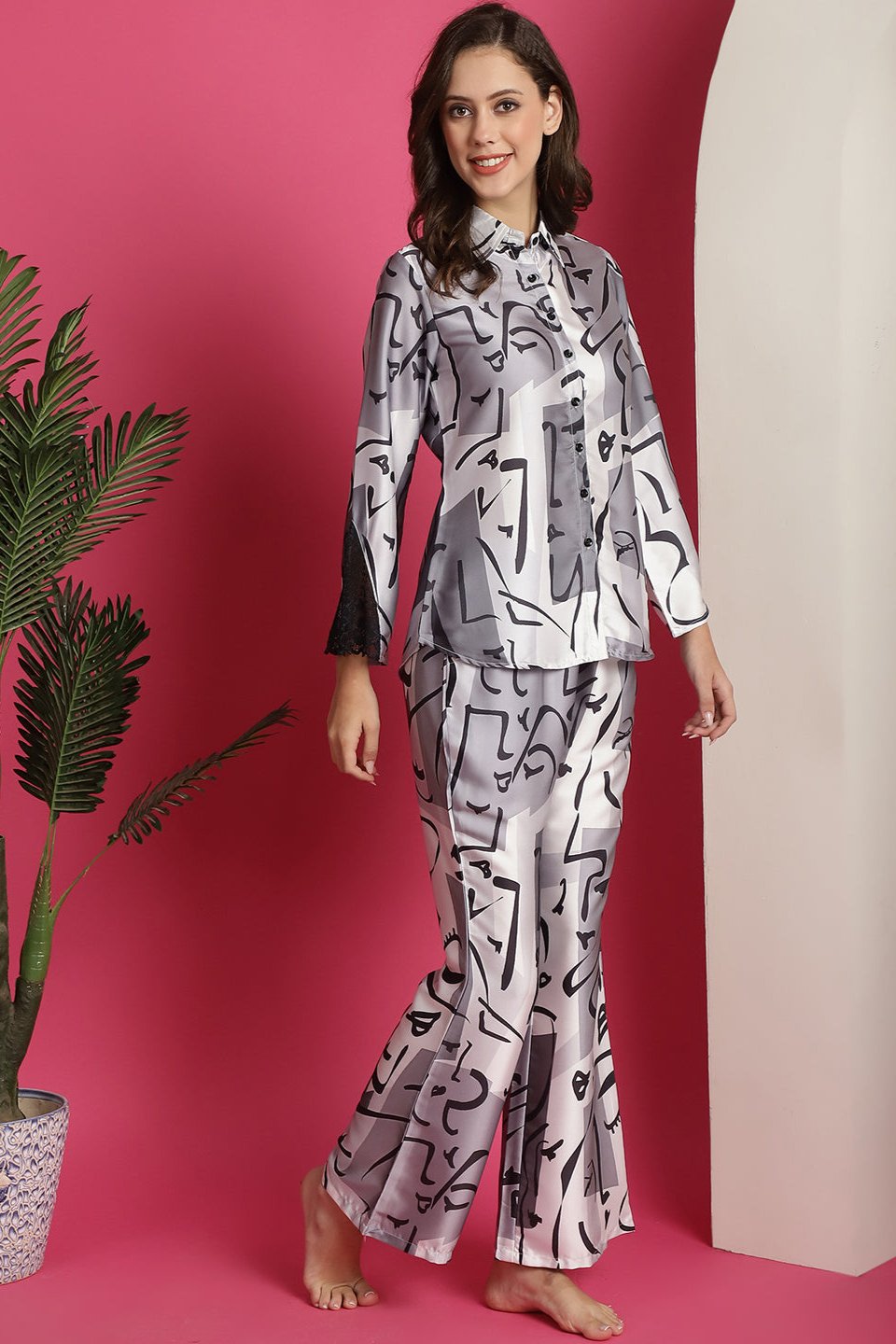 Black & White Abstract Printed Satin Night Suit