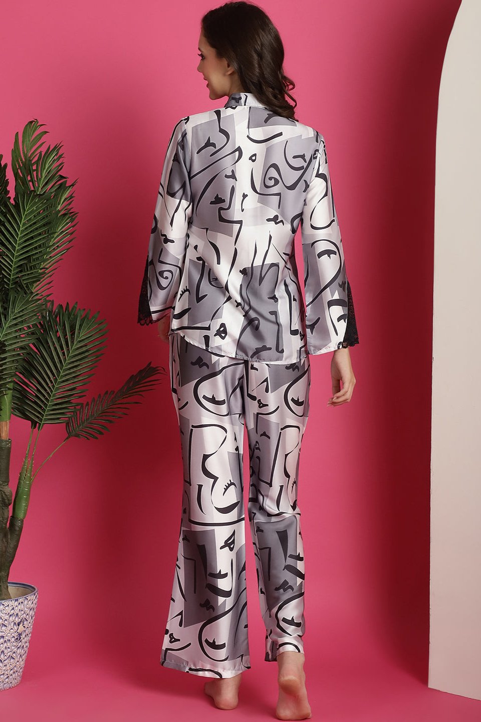 Black & White Abstract Printed Satin Night Suit