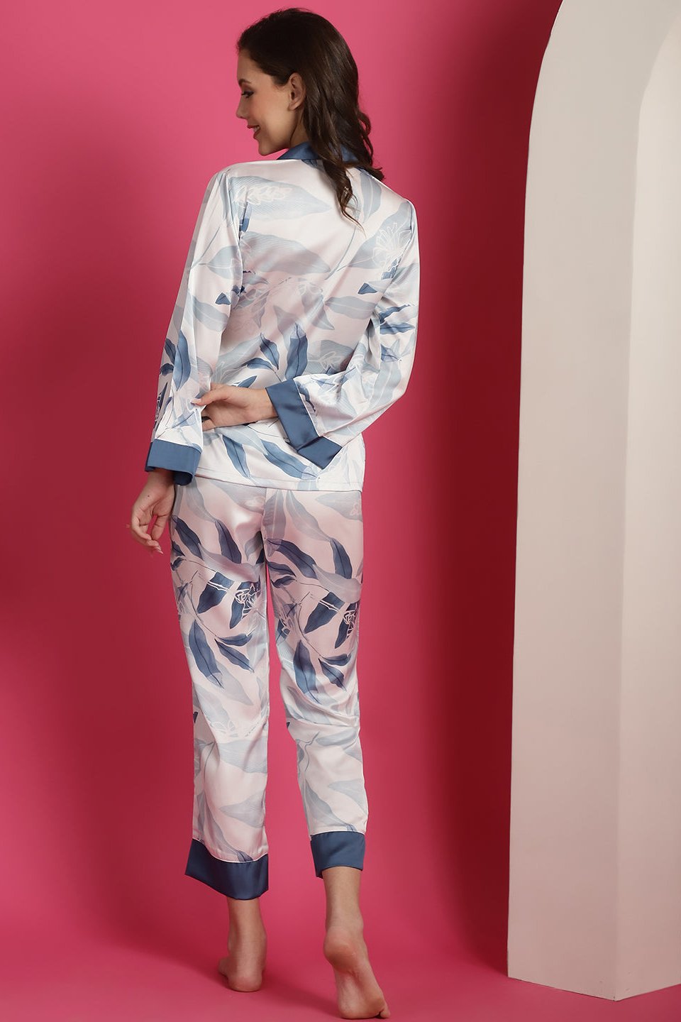 Blue Colour Floral Printed Satin Night Suit For Women