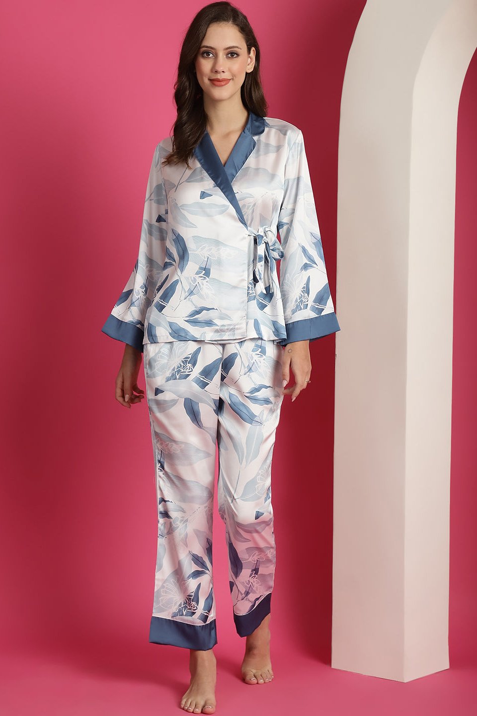 Blue Colour Floral Printed Satin Night Suit For Women