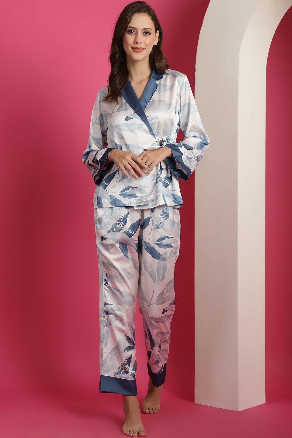 Blue Colour Floral Printed Satin Night Suit For Women