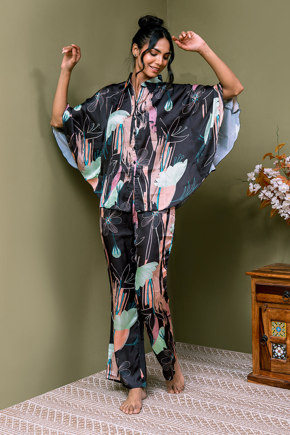 Black Abstract Printed Satin Night Suit for Women by Claura

