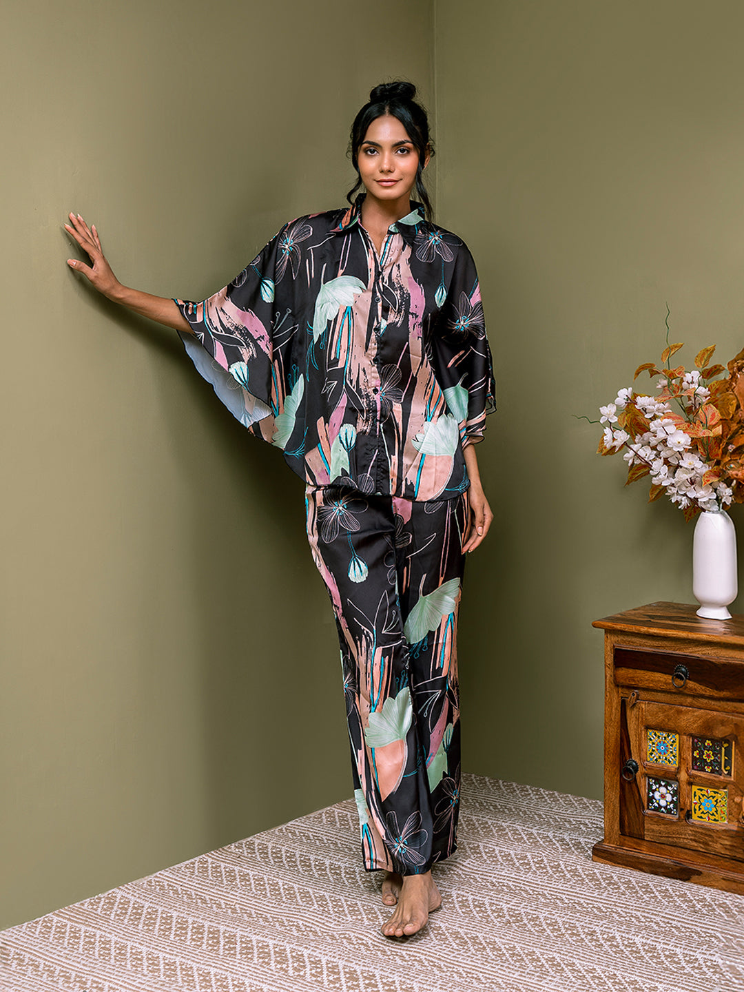 Black Colour Abstract  Printed Satin Night suit