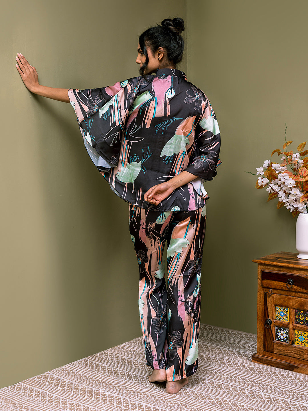 Black Colour Abstract  Printed Satin Night suit