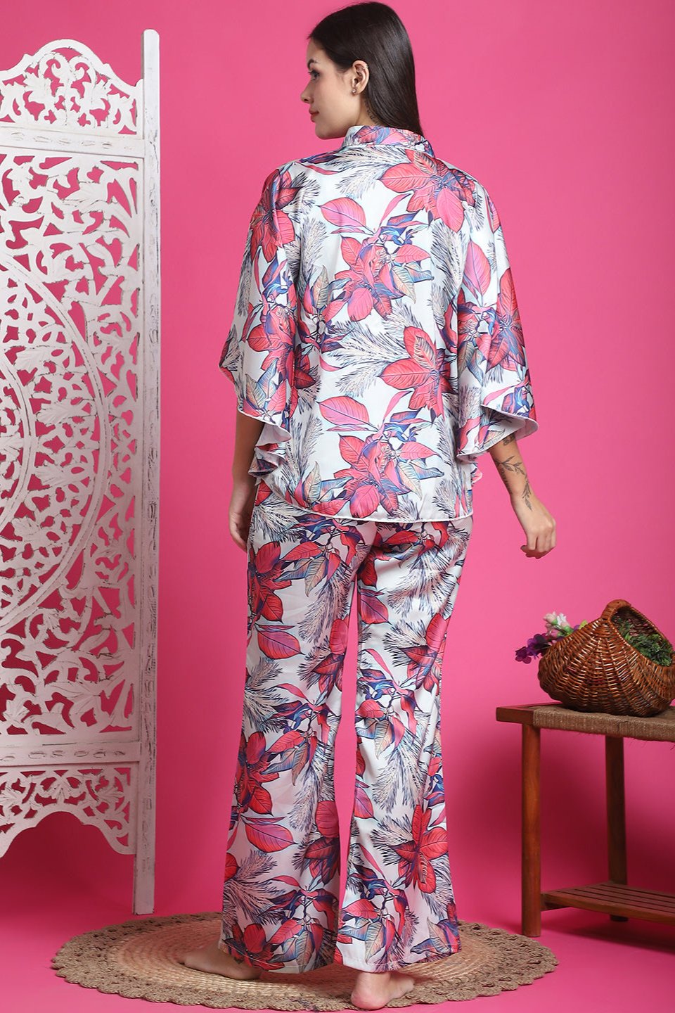 Pink Colour Floral Printed Satin Night suit for Women