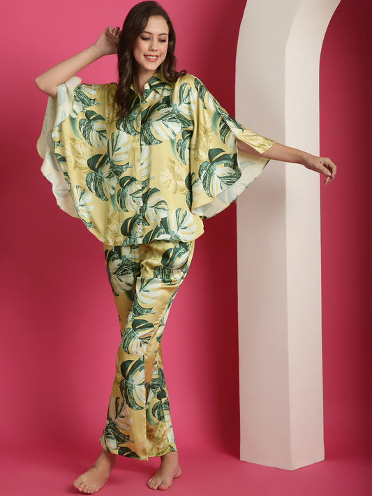 Yellow Colour Floral Printed Satin Night suit