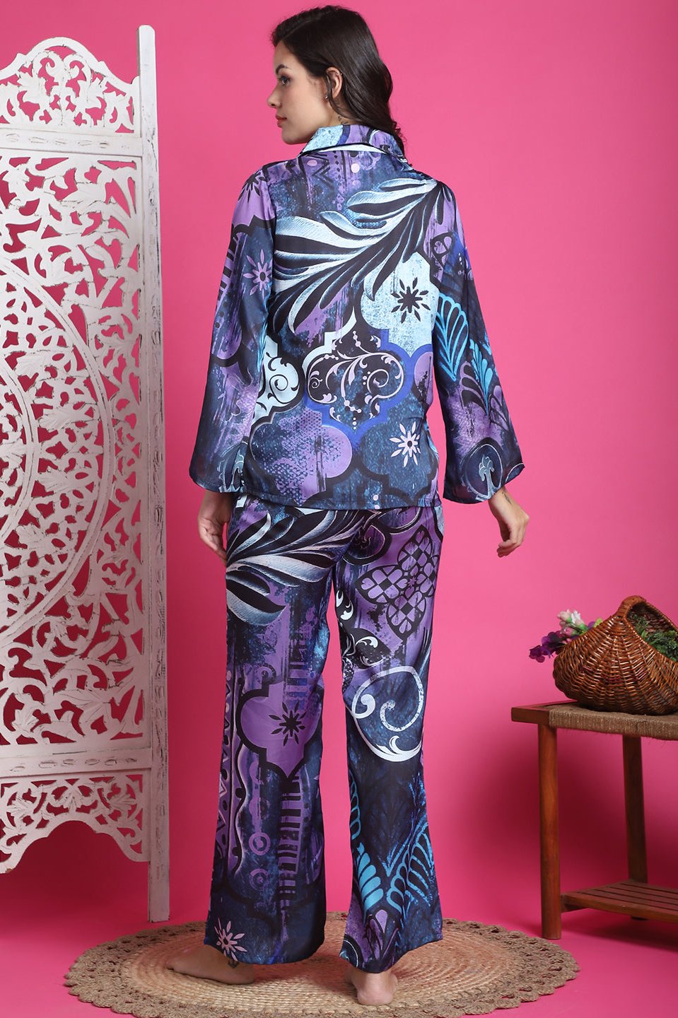 Purple Color Floral Printed Satin Silk Night Suit