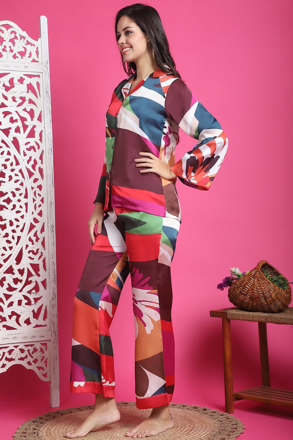 Multi Color Abstract Printed Satin Night Suit For Women