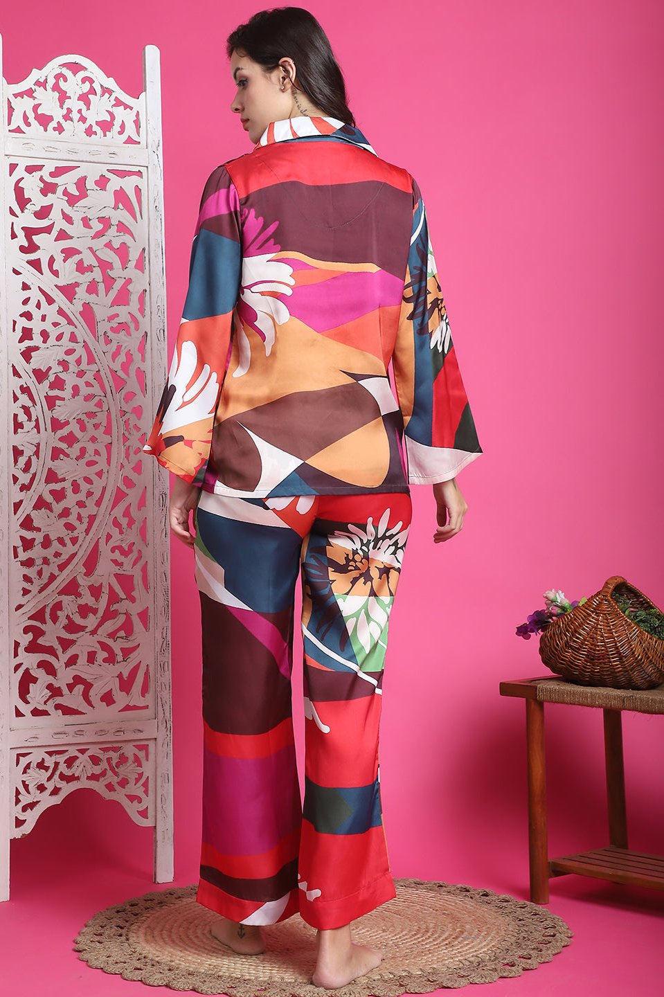 Multi Color Abstract Printed Satin Night Suit For Women