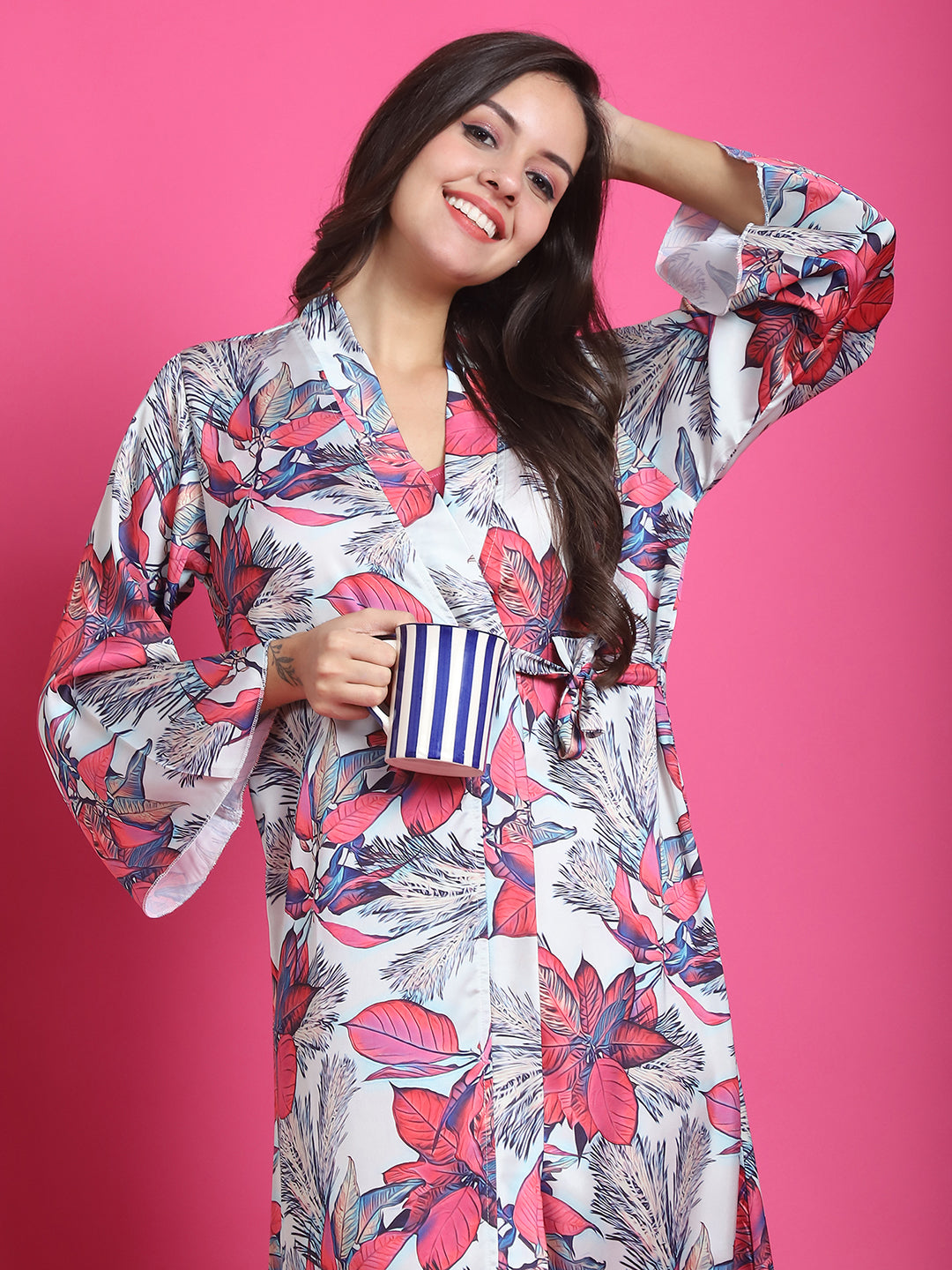 Pink Color Floral Printed Satin Night Robe For Women