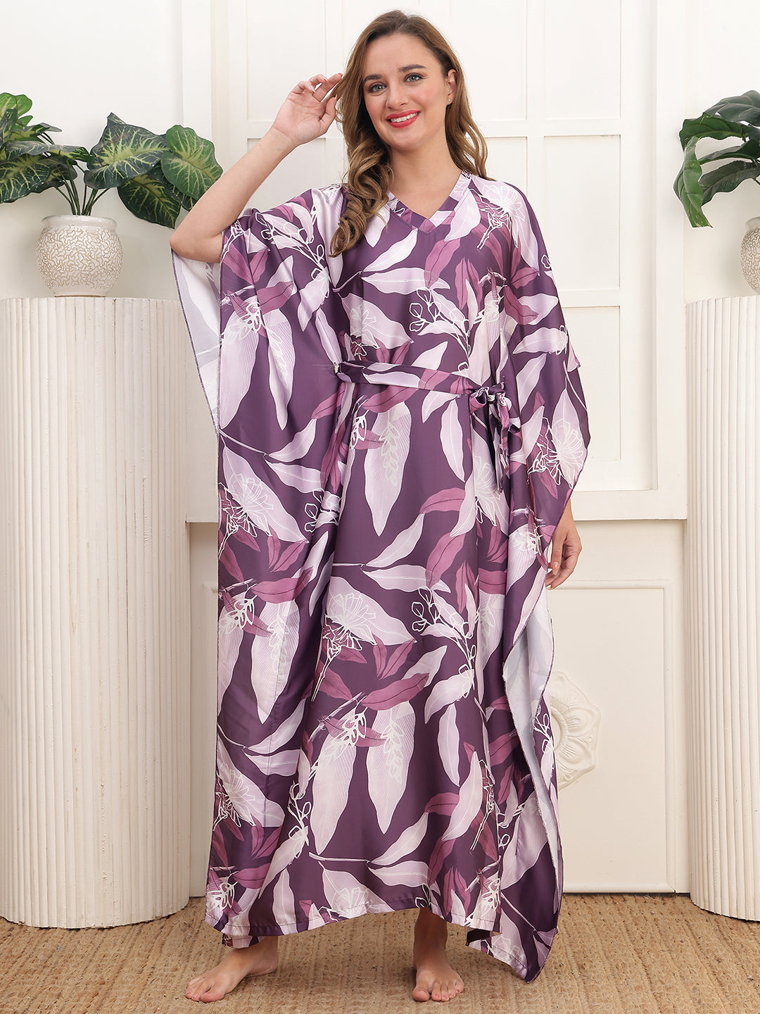 Purple Satin Floral Printed Kaftan Dress | Claura