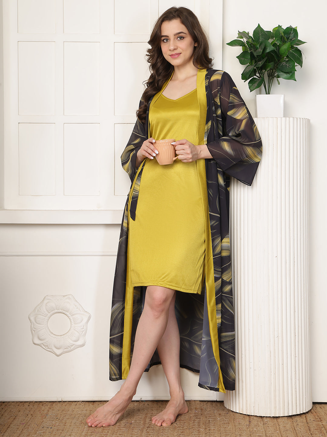 Mustard Floral Printed Satin Nightdress with Georgette Robe | Claura
