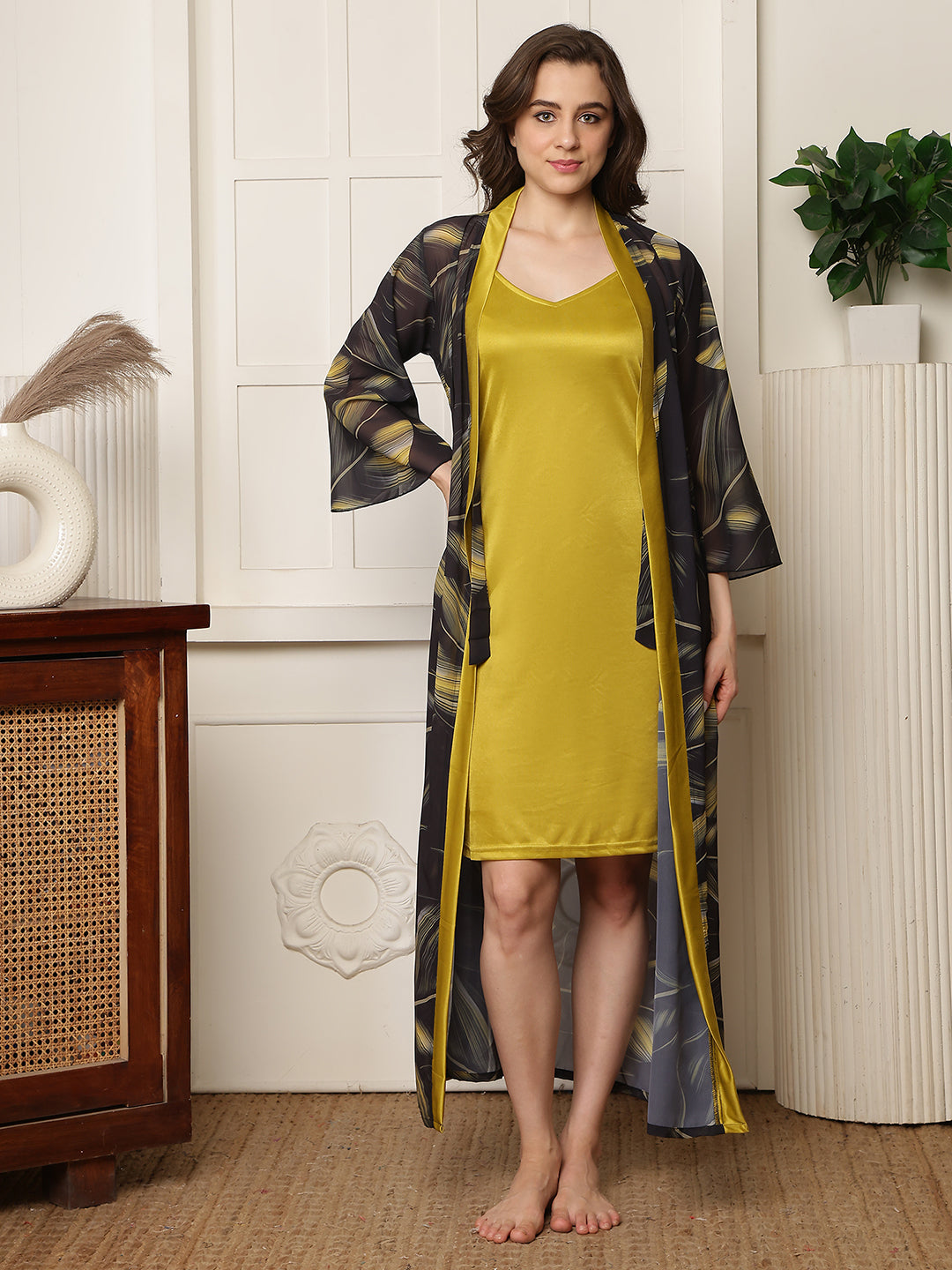 Mustard Floral Printed Satin Nightdress with Georgette Robe | Claura
