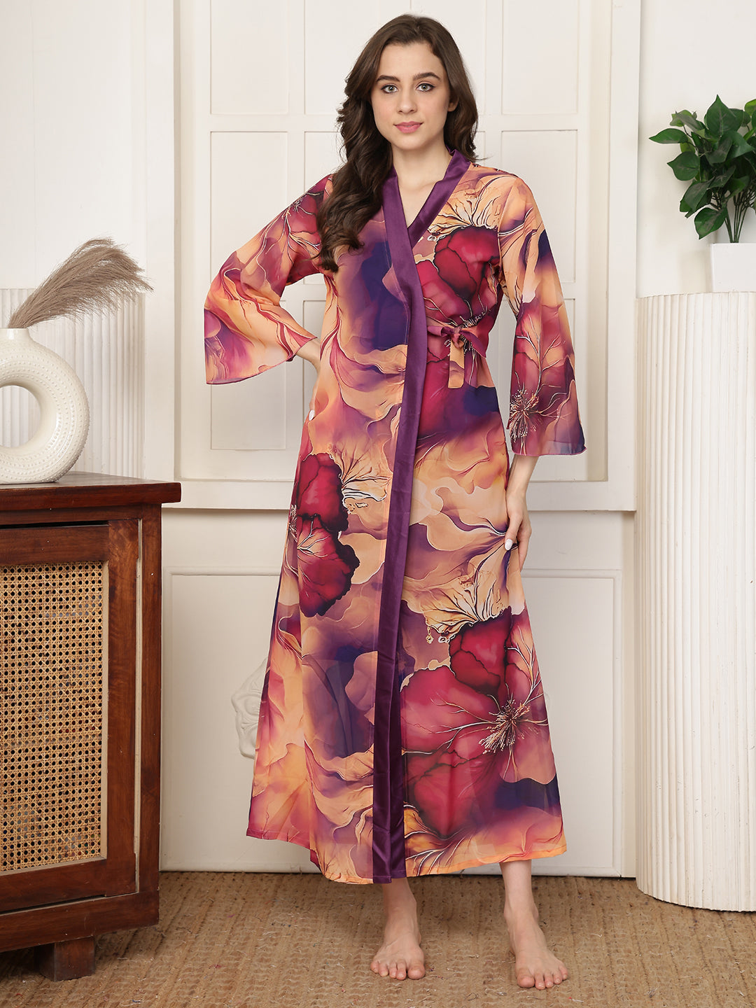 Purple Floral Printed Satin Nightdress with Georgette Robe | Claura
