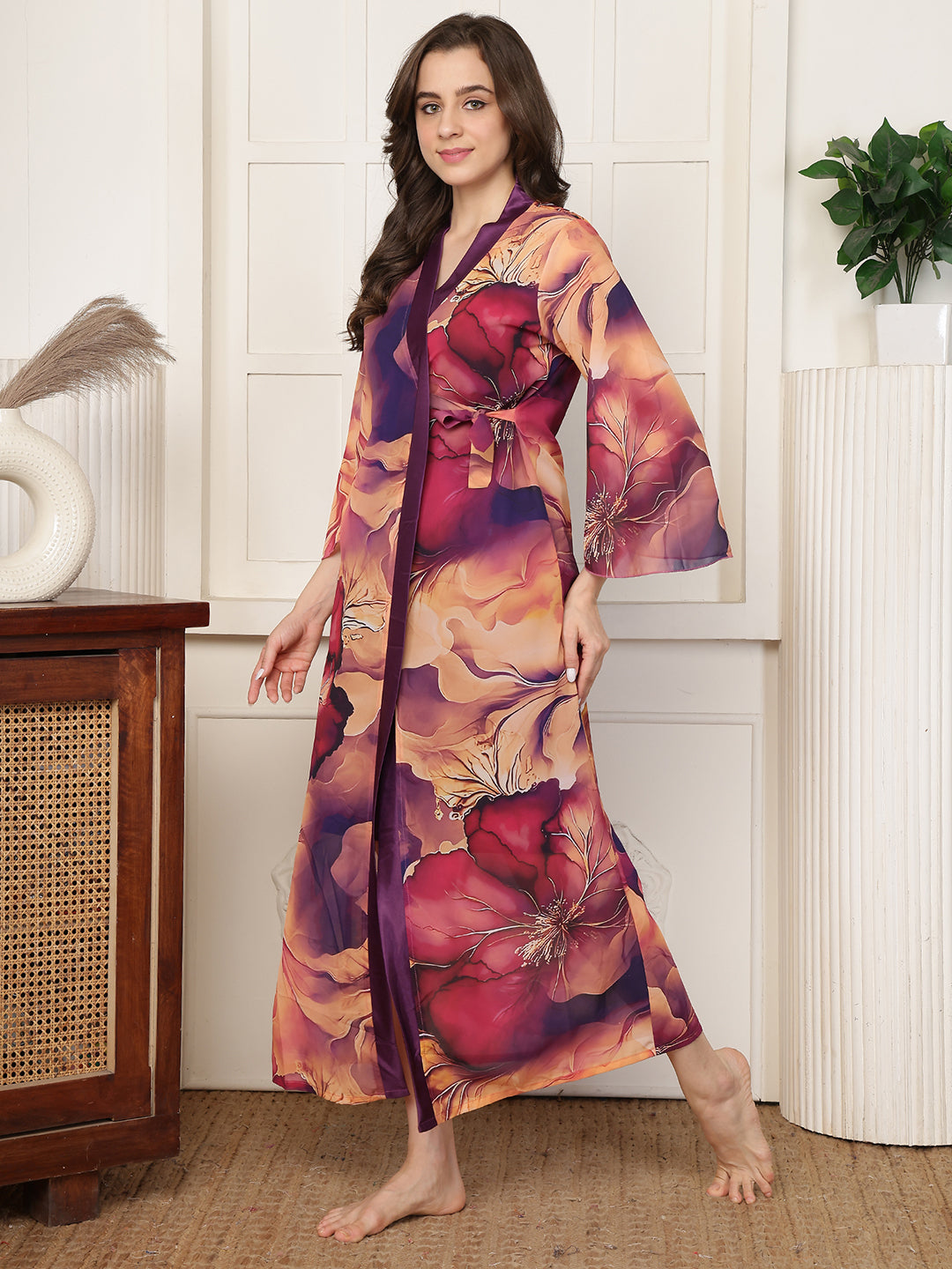 Purple Floral Printed Satin Nightdress with Georgette Robe | Claura