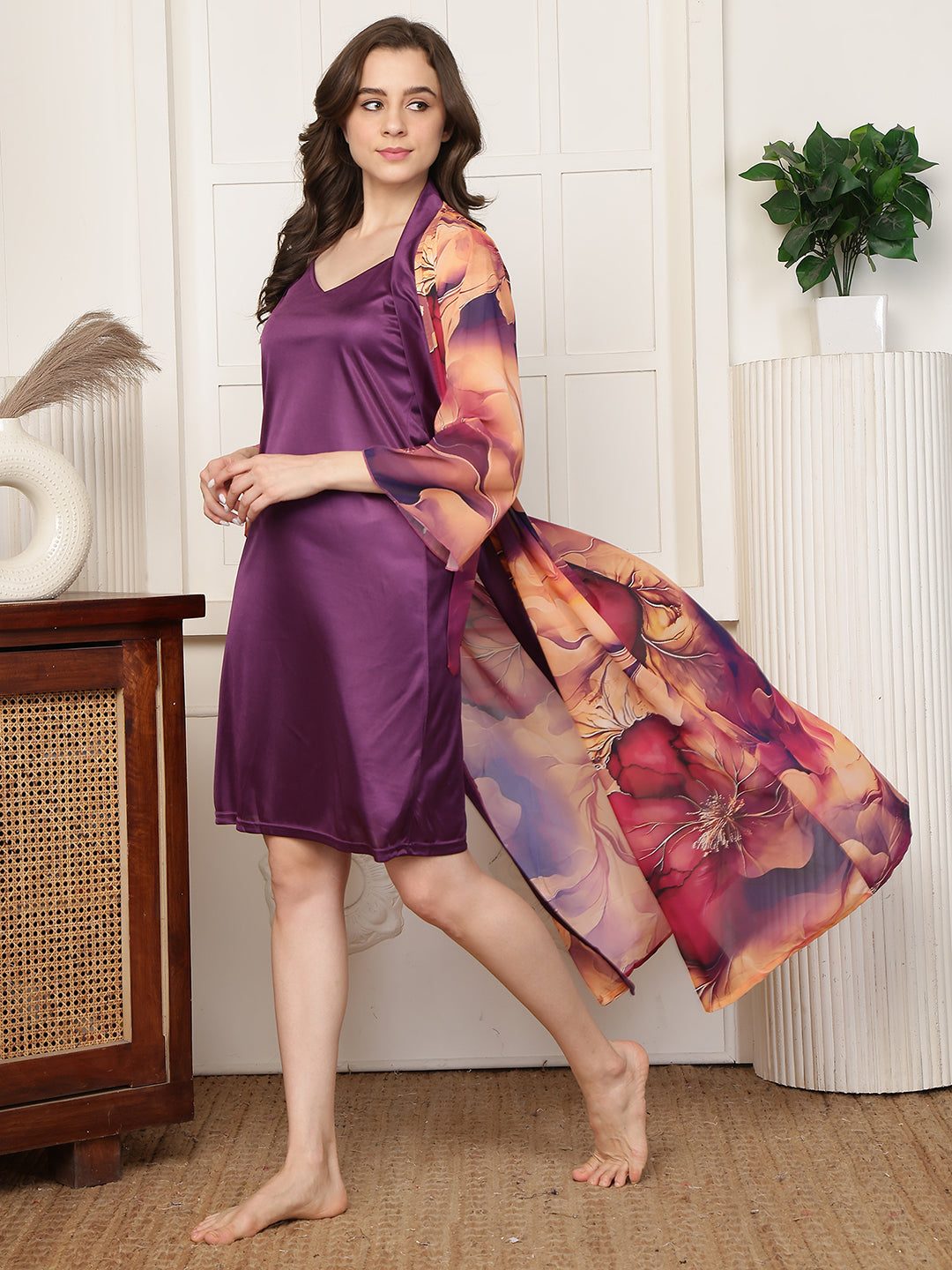 Purple Floral Printed Satin Nightdress with Georgette Robe | Claura
