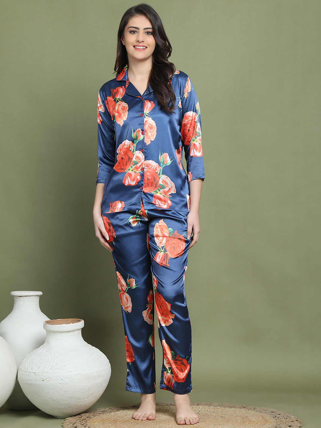 Blue Floral Printed Satin Night Suit for Women by Claura

